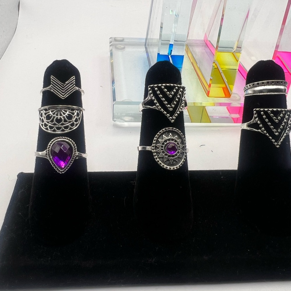 Lot of‎ 10 Stainless Steel Rings W/ Purple Stones SZ-5-6-7 NEW